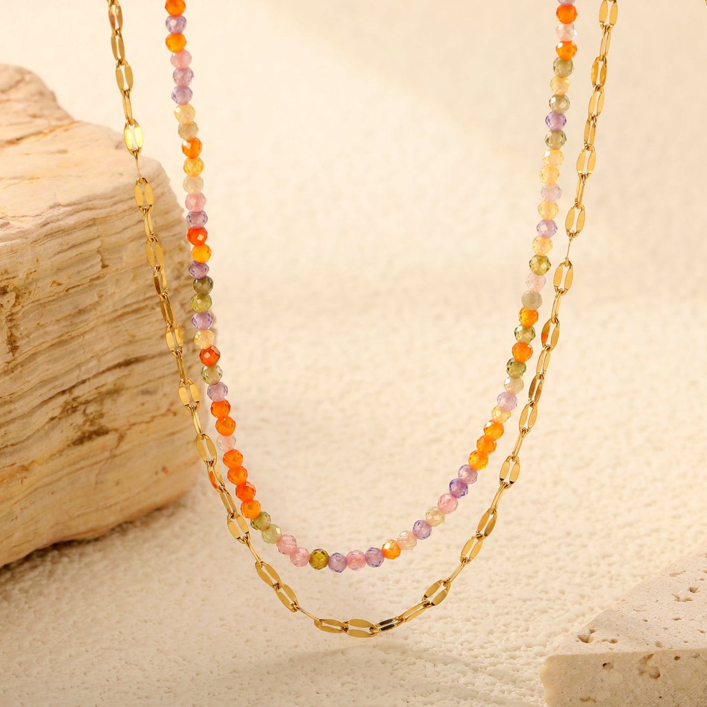 2mm color zirconia beads*40cm double lip chain45+5cm end chain+6mm round plate double necklace Steel/Golden asonjewelry