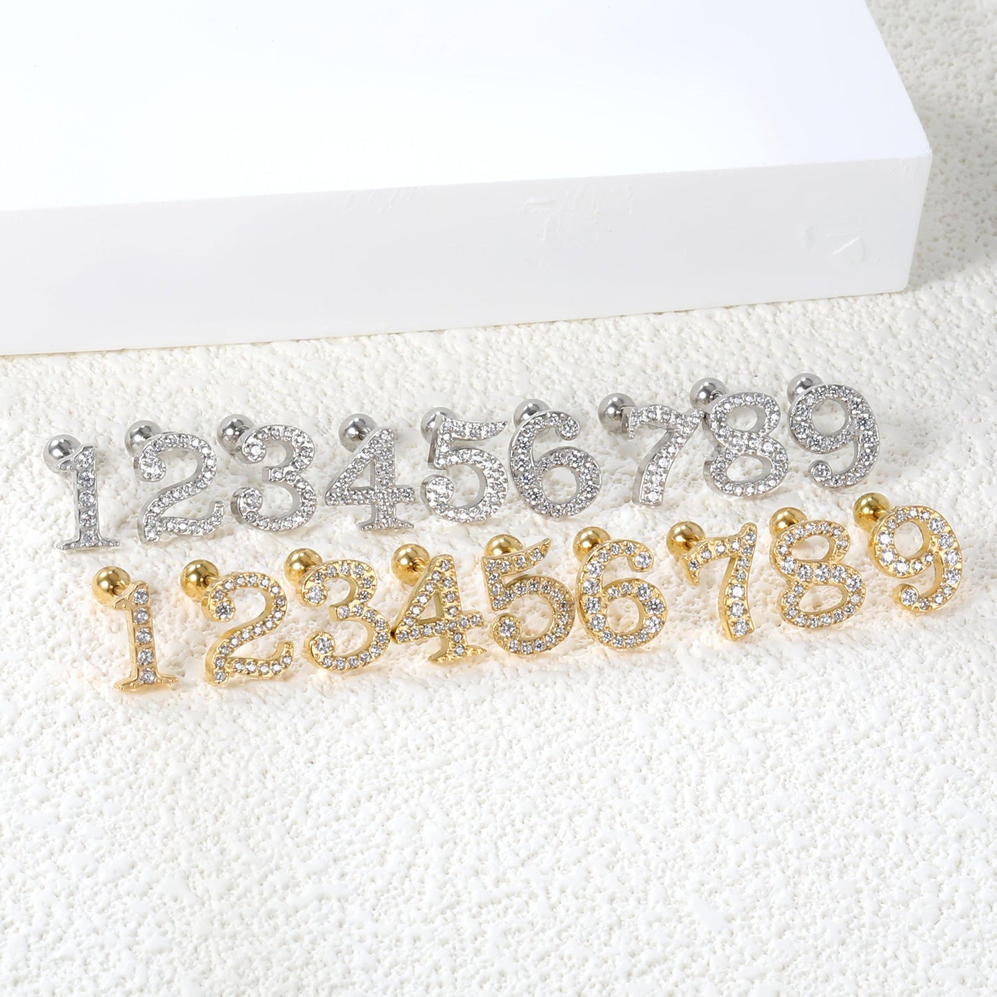 Steel ball screw-in numbers 1~9 with white diamond earrings 6*10mm asonjewelry