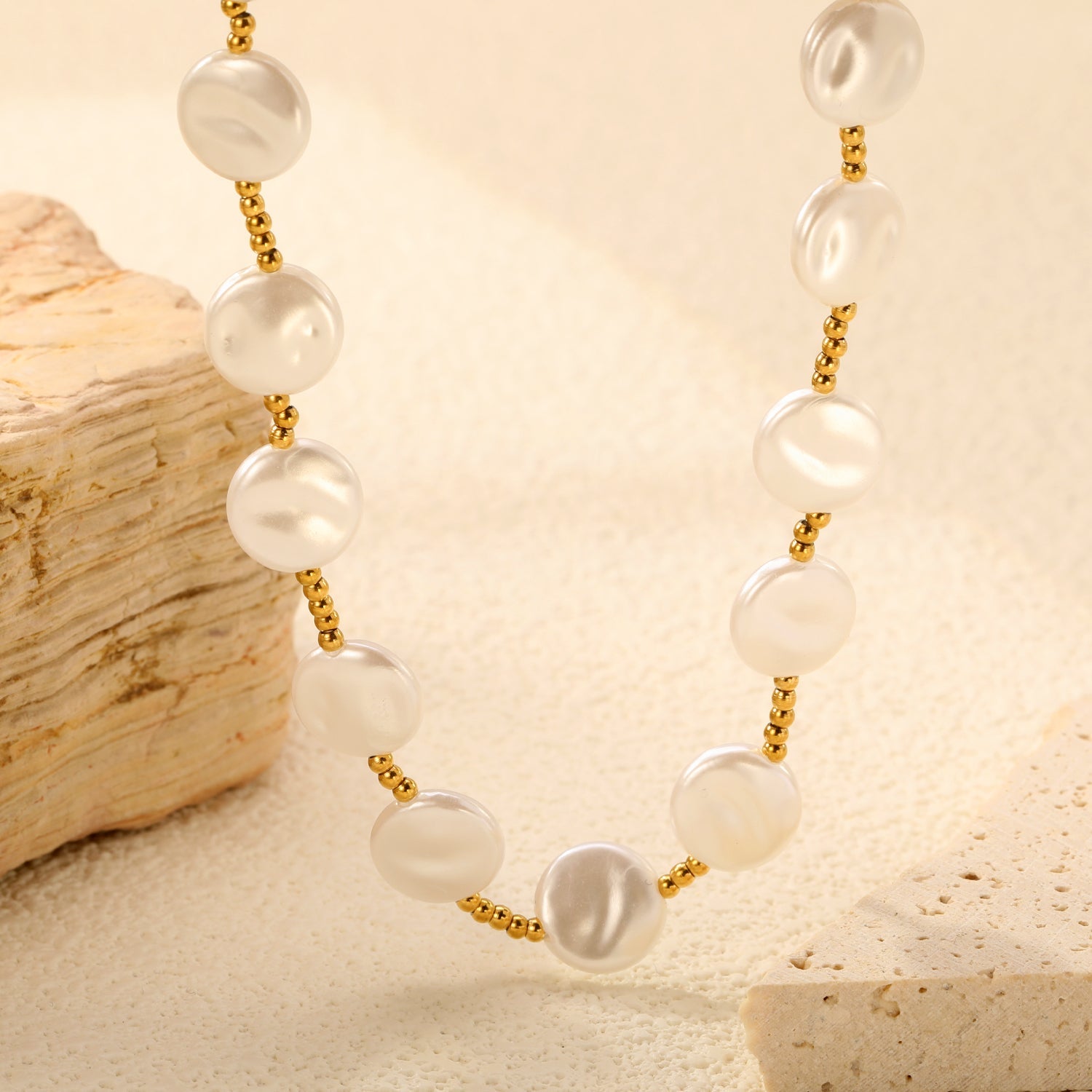 10mm round imitation pearl accessories 2mm through-hole beads *37+8cm+6mm round plate necklace gold color asonjewelry