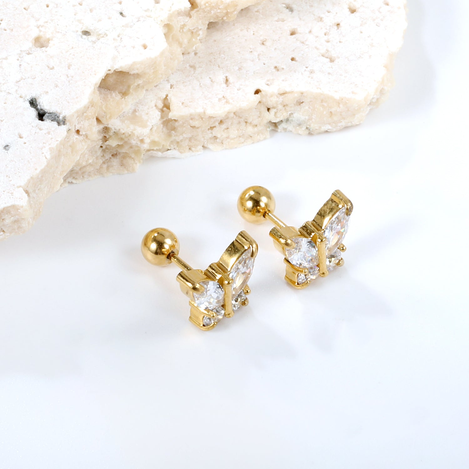 Steel Bead Screwback Butterfly with White Diamonds & Mixed Diamonds Earrings 9.2*8.3mm asonjewelry