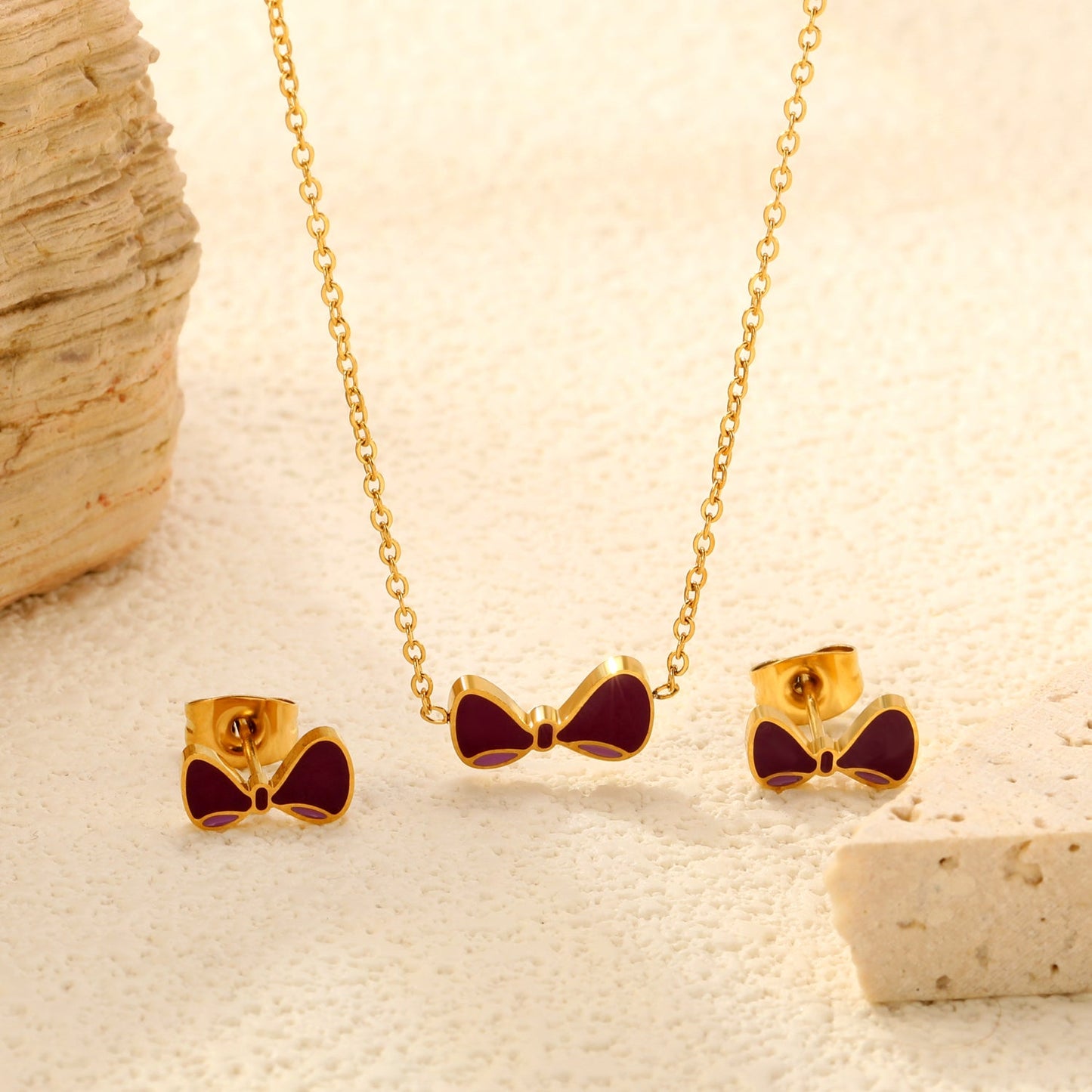 Bow Set Gold Earrings: 10*5.5mm Pendant: 11.8*6.5mm 0.3 Cross Chain 40+5cm+6mm Round Plaque asonjewelry