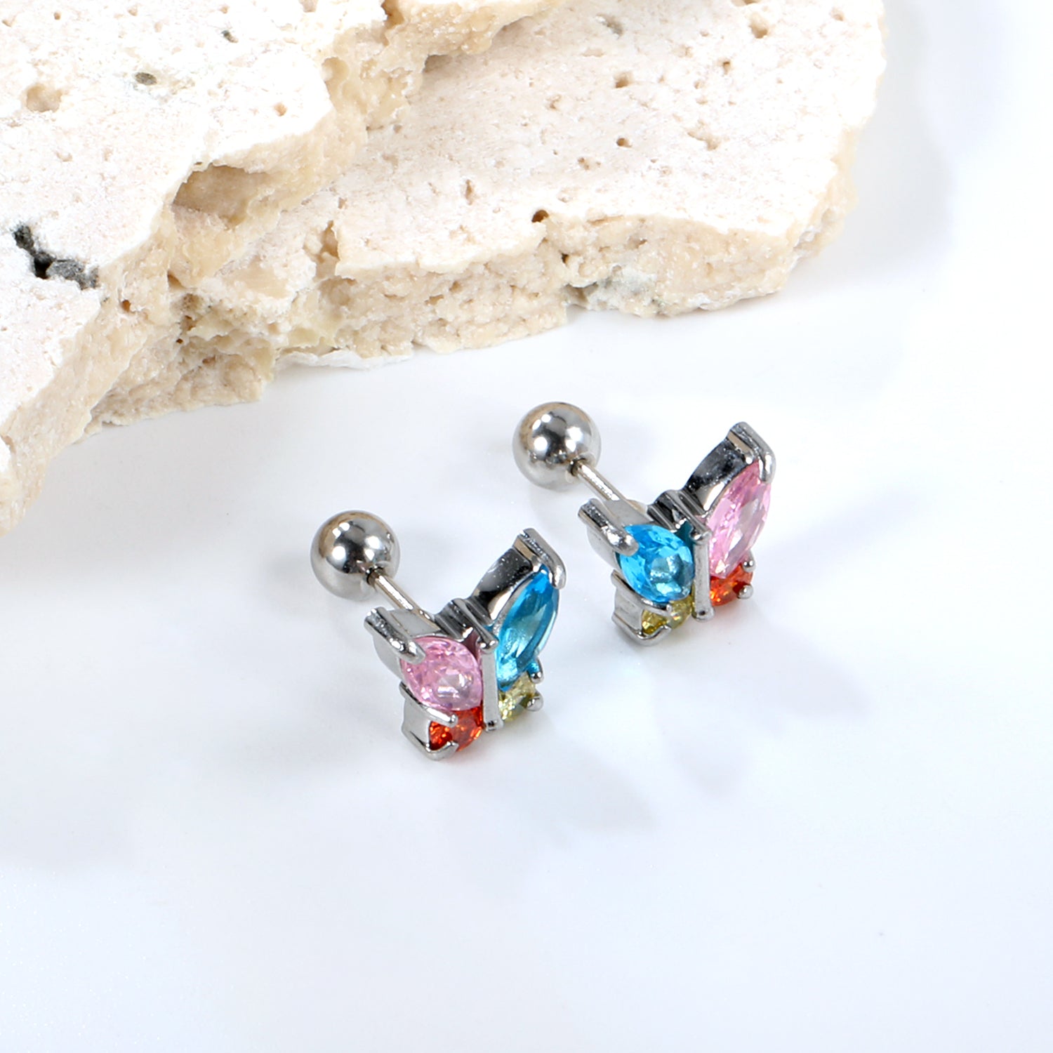 Steel Bead Screwback Butterfly with White Diamonds & Mixed Diamonds Earrings 9.2*8.3mm asonjewelry