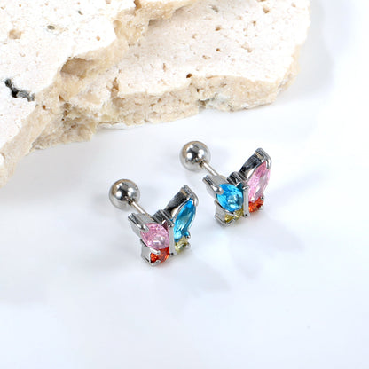 Steel Bead Screwback Butterfly with White Diamonds & Mixed Diamonds Earrings 9.2*8.3mm asonjewelry