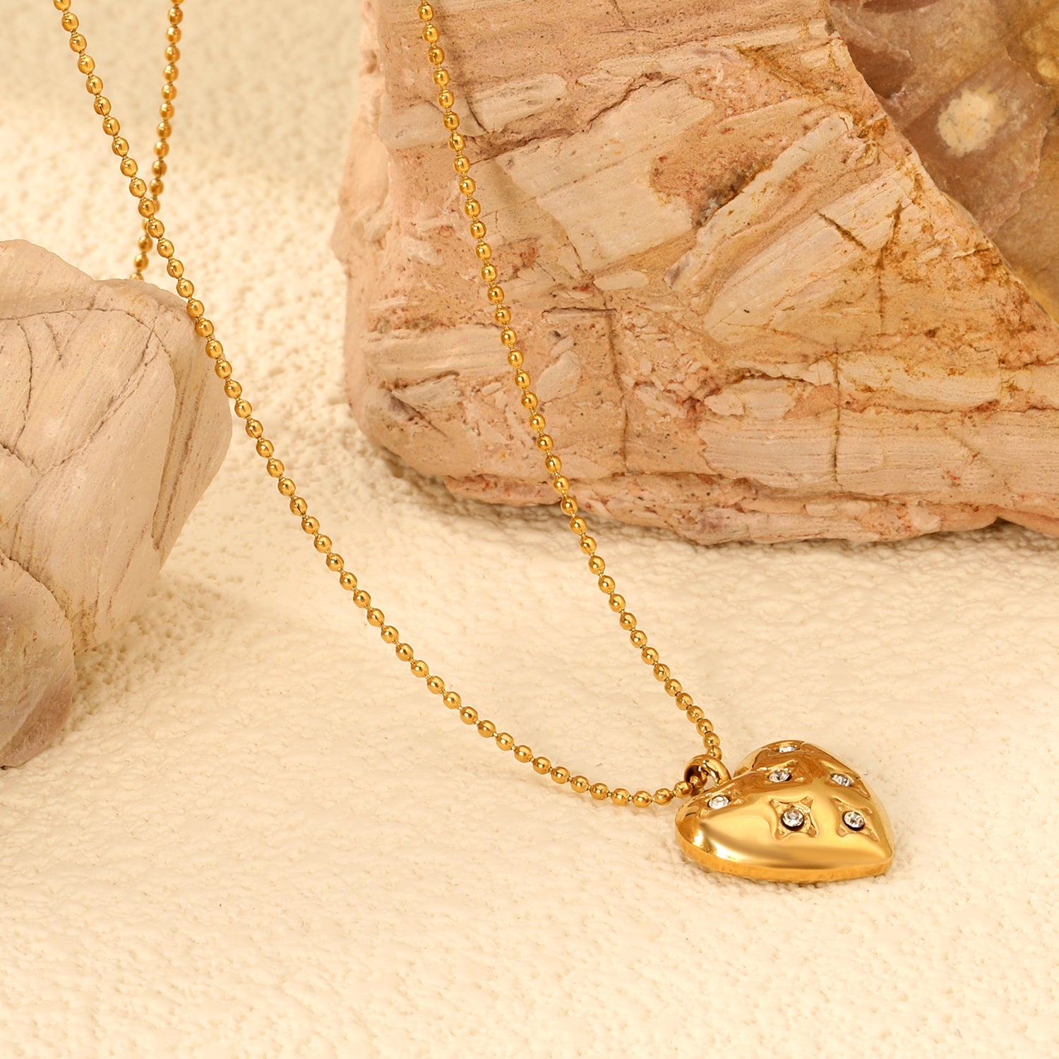 15*16.8mm heart with 6 white diamonds pendant+1.2mm bobble chain necklace 45+5cm asonjewelry