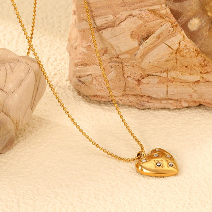 15*16.8mm heart with 6 white diamonds pendant+1.2mm bobble chain necklace 45+5cm asonjewelry