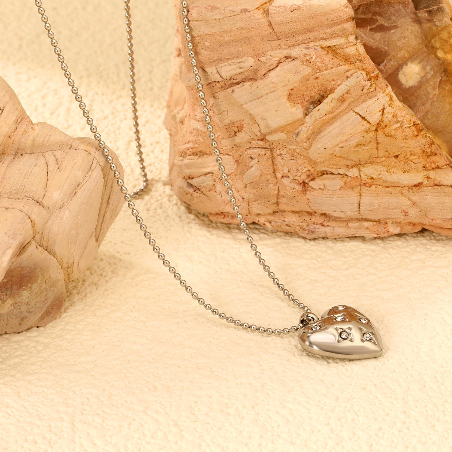 15*16.8mm heart with 6 white diamonds pendant+1.2mm bobble chain necklace 45+5cm asonjewelry
