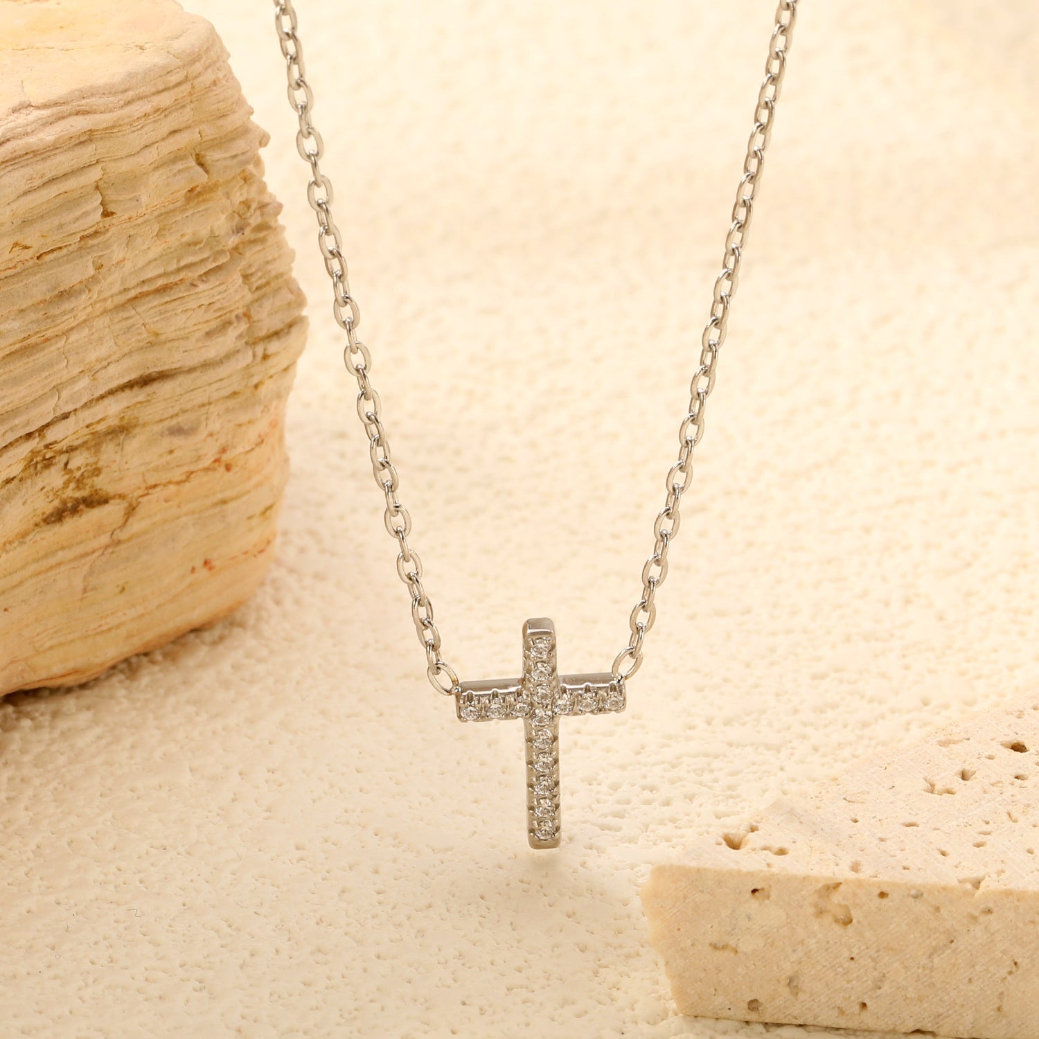 10*15mm cross with white diamond pendant necklace 42+5cm steel color/golden asonjewelry