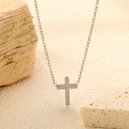 10*15mm cross with white diamond pendant necklace 42+5cm steel color/golden asonjewelry