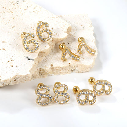 Steel ball screw-in numbers 1~9 with white diamond earrings 6*10mm asonjewelry