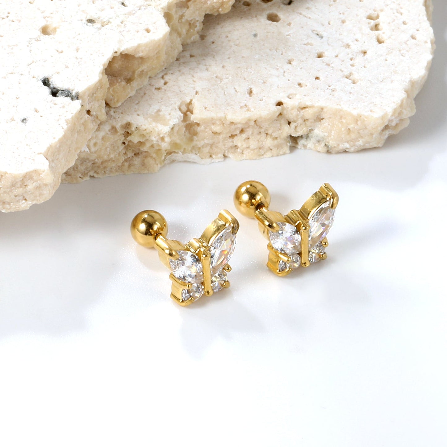 Steel Bead Screwback Butterfly with White Diamonds & Mixed Diamonds Earrings 9.2*8.3mm asonjewelry