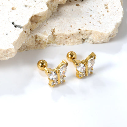 Steel Bead Screwback Butterfly with White Diamonds & Mixed Diamonds Earrings 9.2*8.3mm asonjewelry