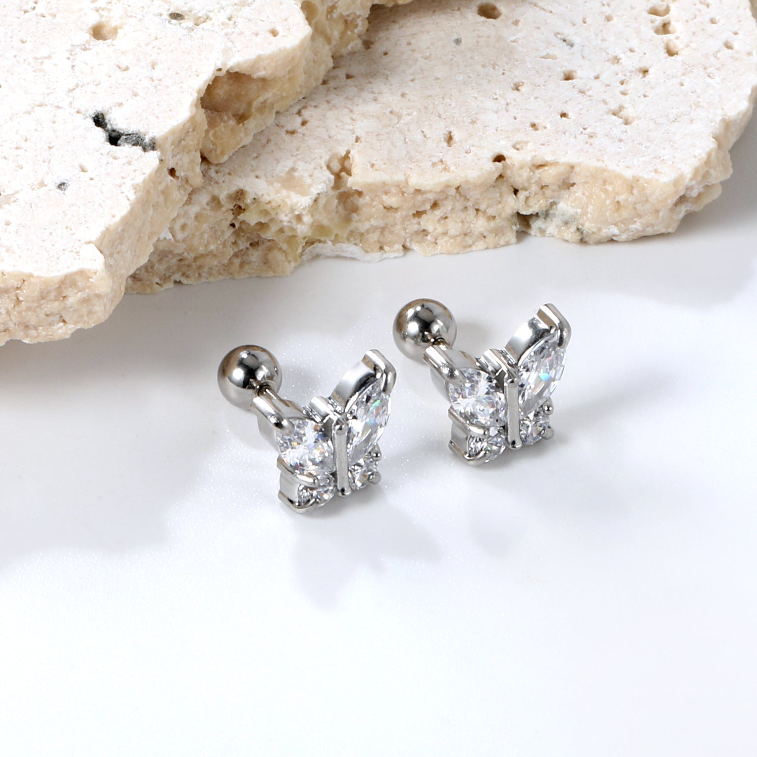 Steel Bead Screwback Butterfly with White Diamonds & Mixed Diamonds Earrings 9.2*8.3mm asonjewelry