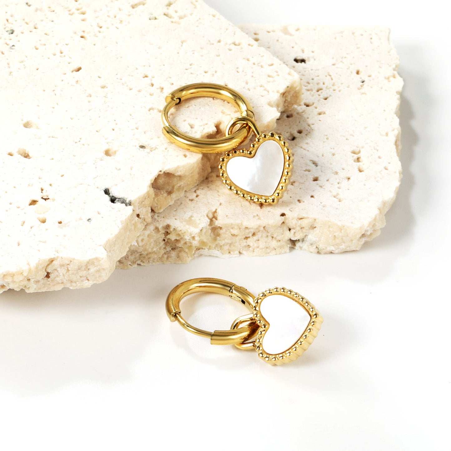 2*14.2mm Circle with Beaded Edge Heart with White Shell Earrings 10.7*10mm asonjewelry