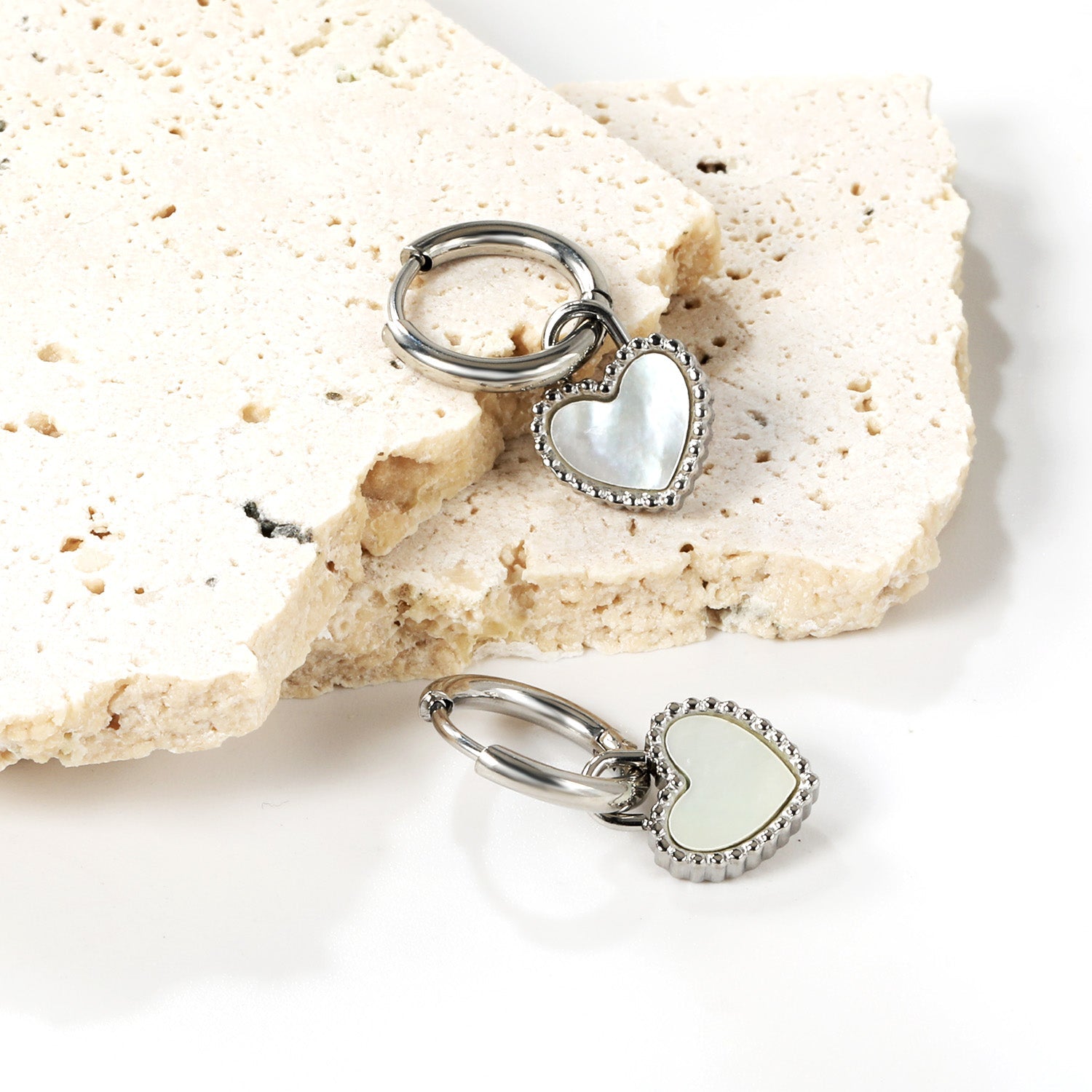 2*14.2mm Circle with Beaded Edge Heart with White Shell Earrings 10.7*10mm asonjewelry