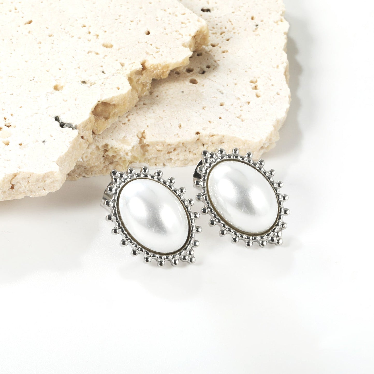 Loose Bead Edge Oval with White Pearl Earrings 14.8*21mm asonjewelry