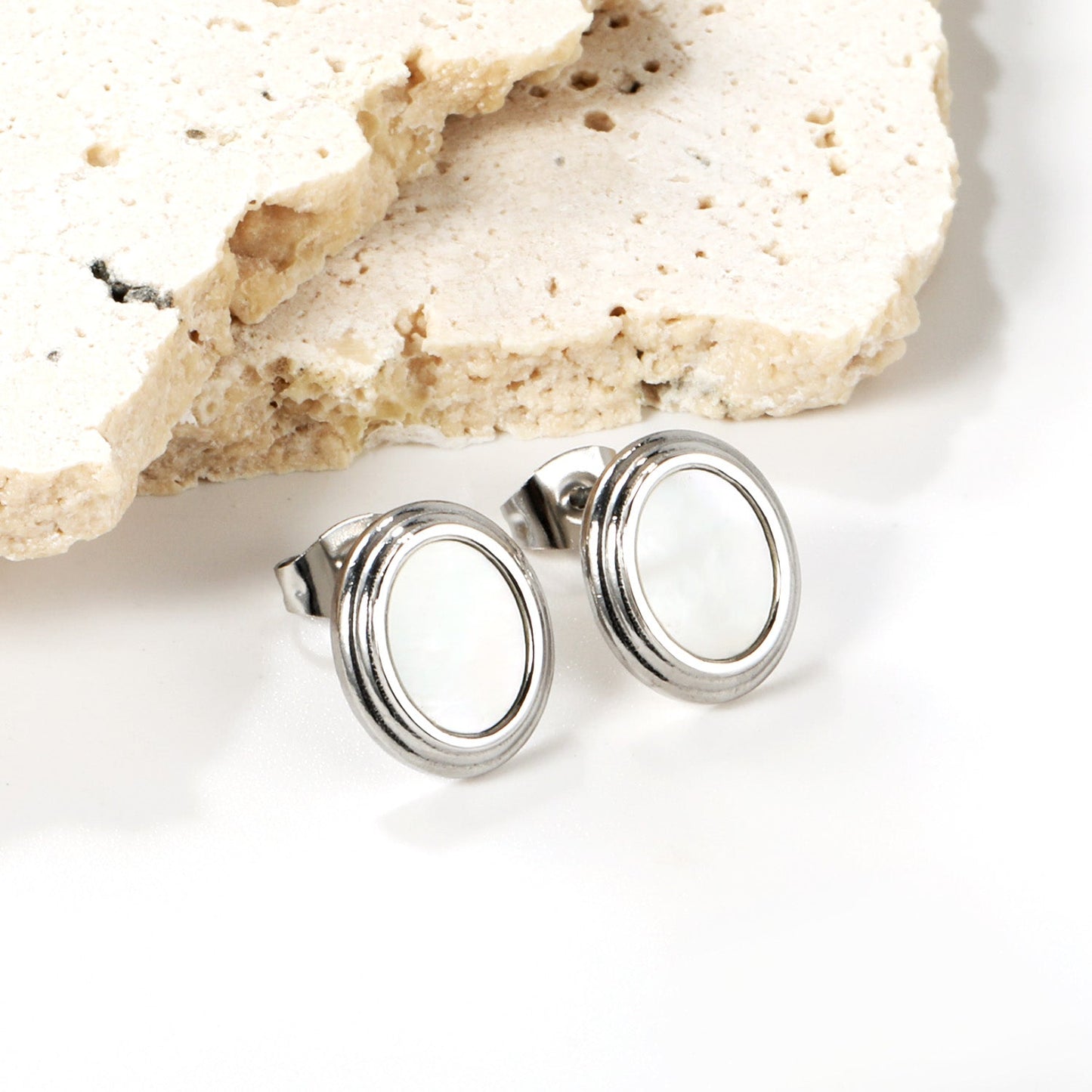 Step Lace Oval with White Shell Earrings 11*13mm asonjewelry