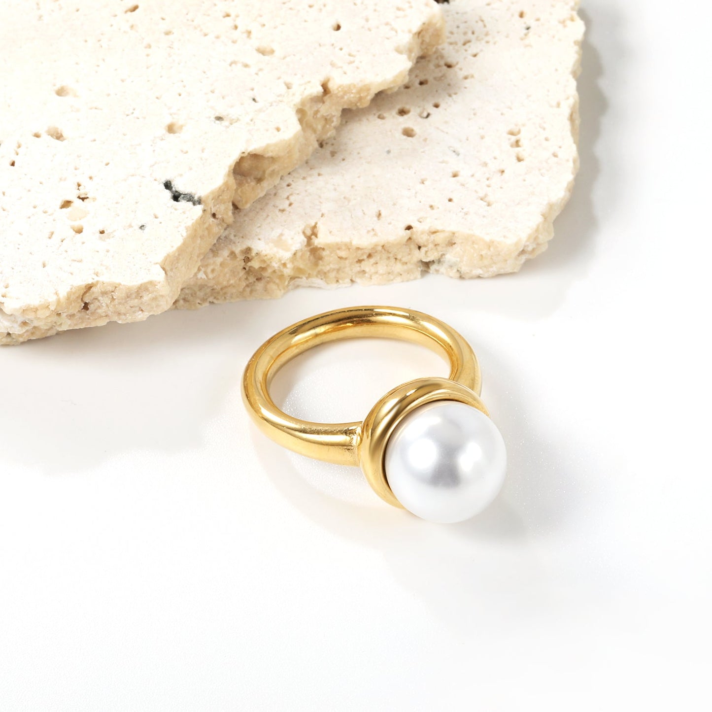 Minimalist band ring with oversized white round pearls. asonjewelry