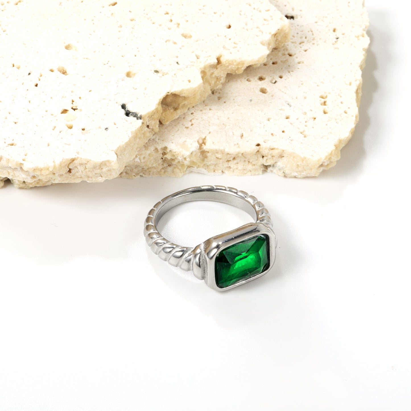 Oversized green diamonds on a threaded band ring. asonjewelry
