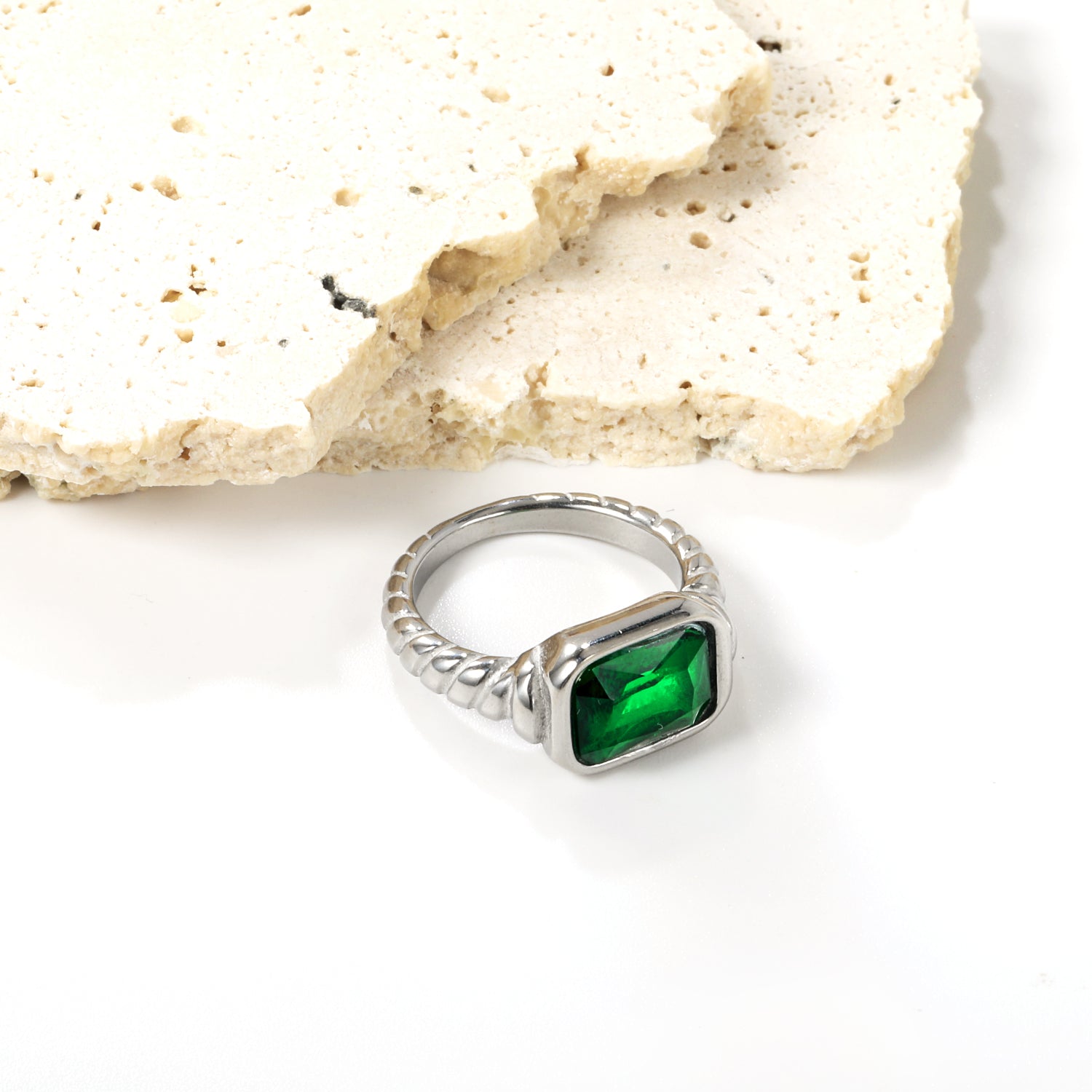 Oversized green diamonds on a threaded band ring. asonjewelry
