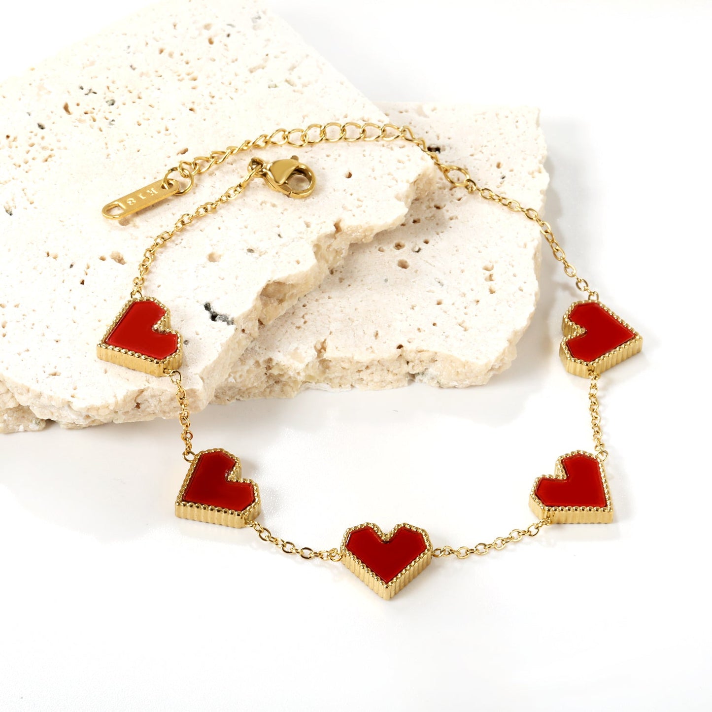 5 Heart with White & Black & Red Shell Bracelet 18+5cm asonjewelry