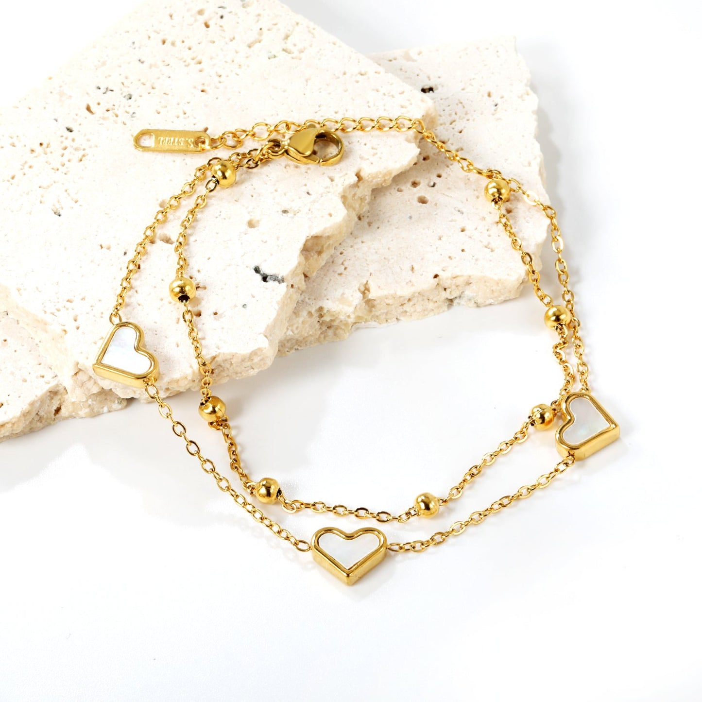 3 Heart Shaped White Shells Accessories + Beaded Chain Matching Chain Double Hand Chain 0+0cm asonjewelry