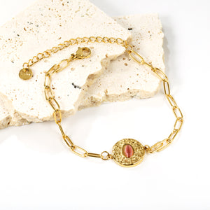 3.3mm Matching Chain + 14.2mm Round Cake with Pink Cat's Eye Stones Bracelet 17+5cm