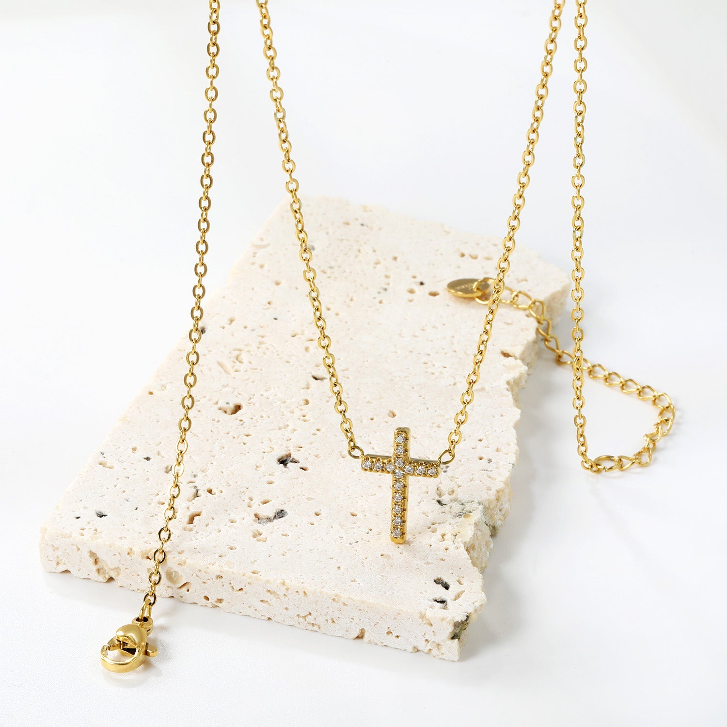 10*15mm cross with white diamond pendant necklace 42+5cm steel color/golden asonjewelry