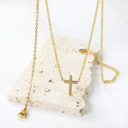10*15mm cross with white diamond pendant necklace 42+5cm steel color/golden asonjewelry
