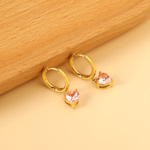 2x14mm Circle with Heart Diamond Pink Stud Earrings 6.4*7.2mm