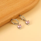2x14mm Circle with Heart Diamond Pink Stud Earrings 6.4*7.2mm