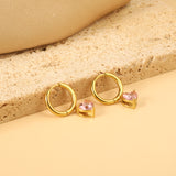 2x14mm Circle with Heart Diamond Pink Stud Earrings 6.4*7.2mm