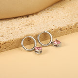 2x14mm Circle with Heart Diamond Pink Stud Earrings 6.4*7.2mm