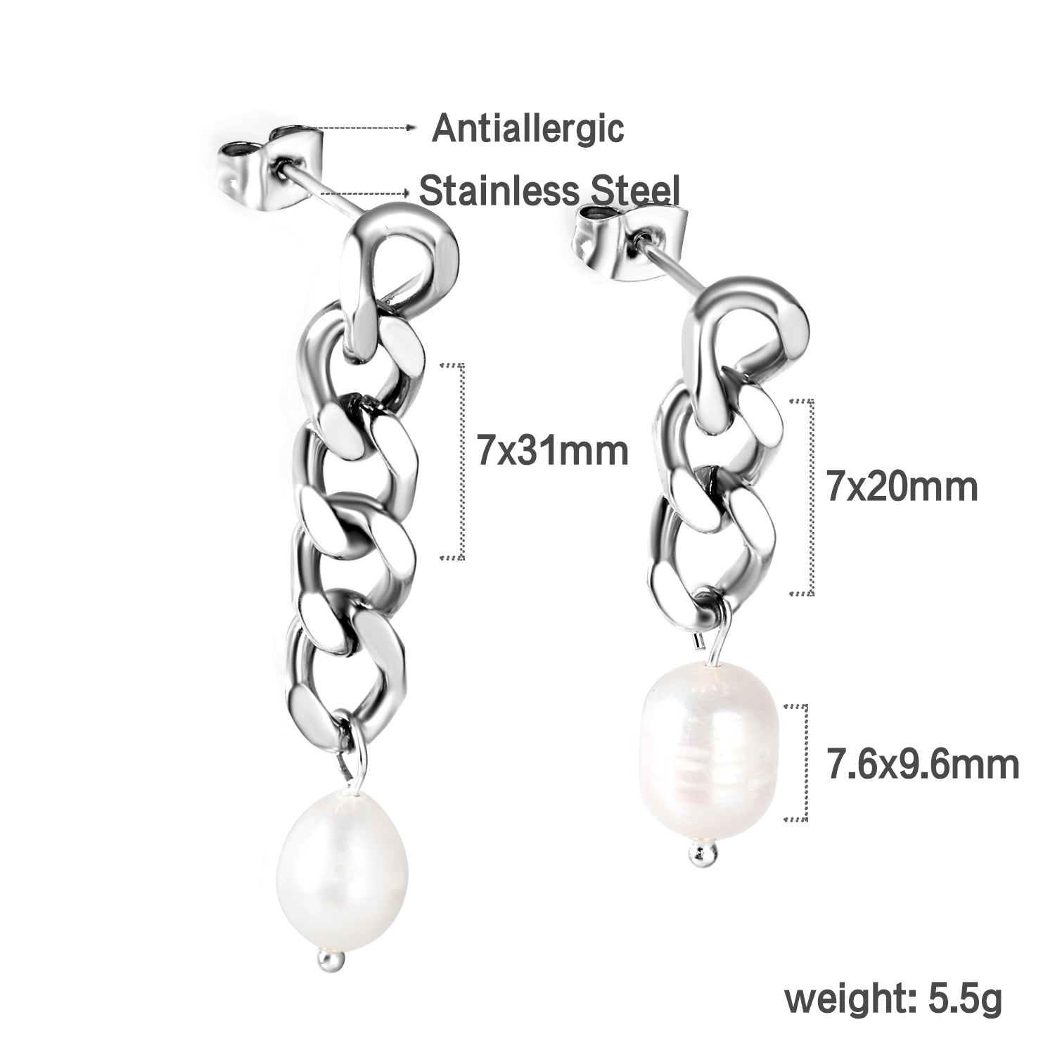 Spring 2024 One Long One Short Matching Chain with White Pearls 7.6*9.6mm Stud Earrings asonjewelry