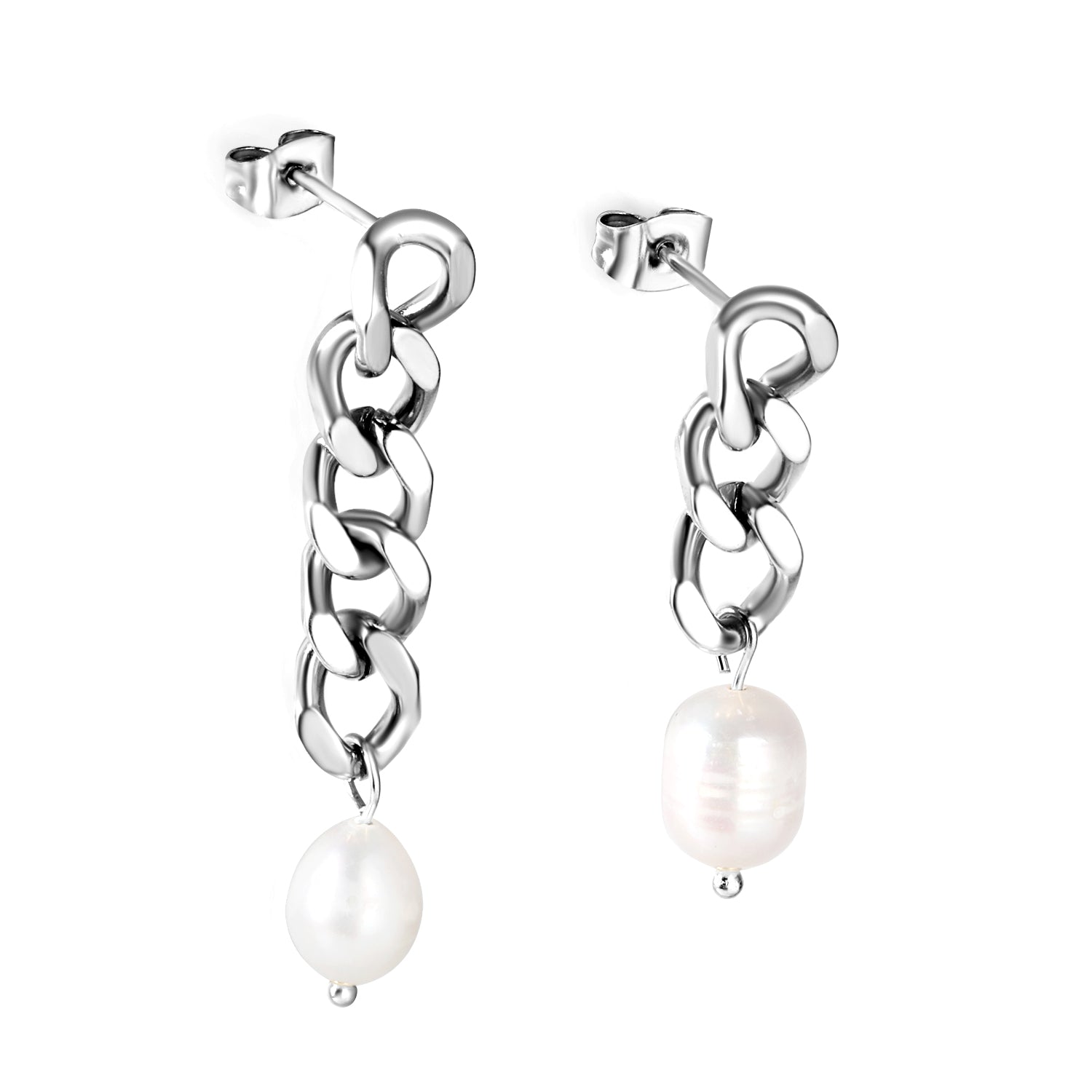 Spring 2024 One Long One Short Matching Chain with White Pearls 7.6*9.6mm Stud Earrings asonjewelry