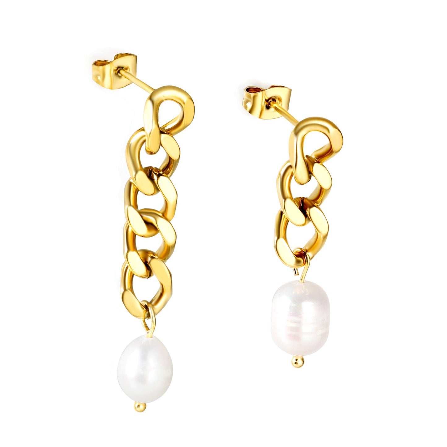 Spring 2024 One Long One Short Matching Chain with White Pearls 7.6*9.6mm Stud Earrings asonjewelry