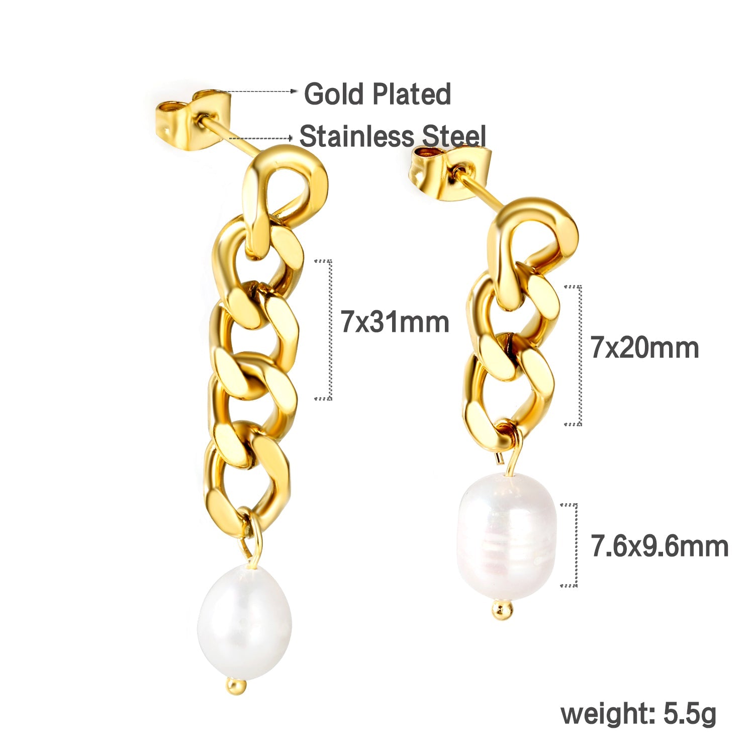 Spring 2024 One Long One Short Matching Chain with White Pearls 7.6*9.6mm Stud Earrings asonjewelry