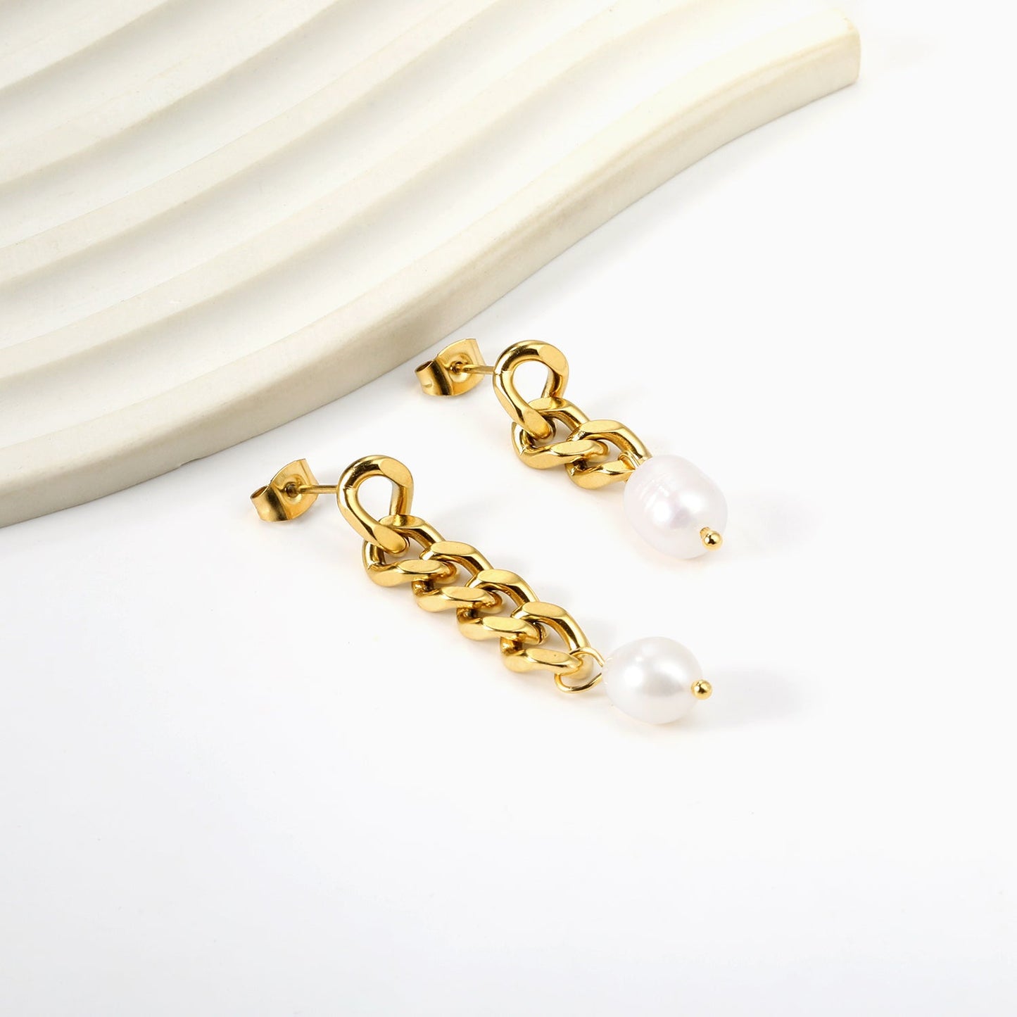 Spring 2024 One Long One Short Matching Chain with White Pearls 7.6*9.6mm Stud Earrings asonjewelry
