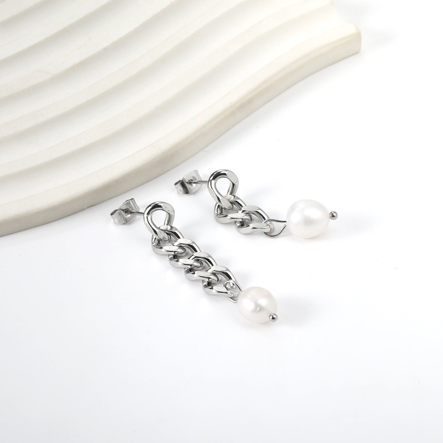 Spring 2024 One Long One Short Matching Chain with White Pearls 7.6*9.6mm Stud Earrings asonjewelry