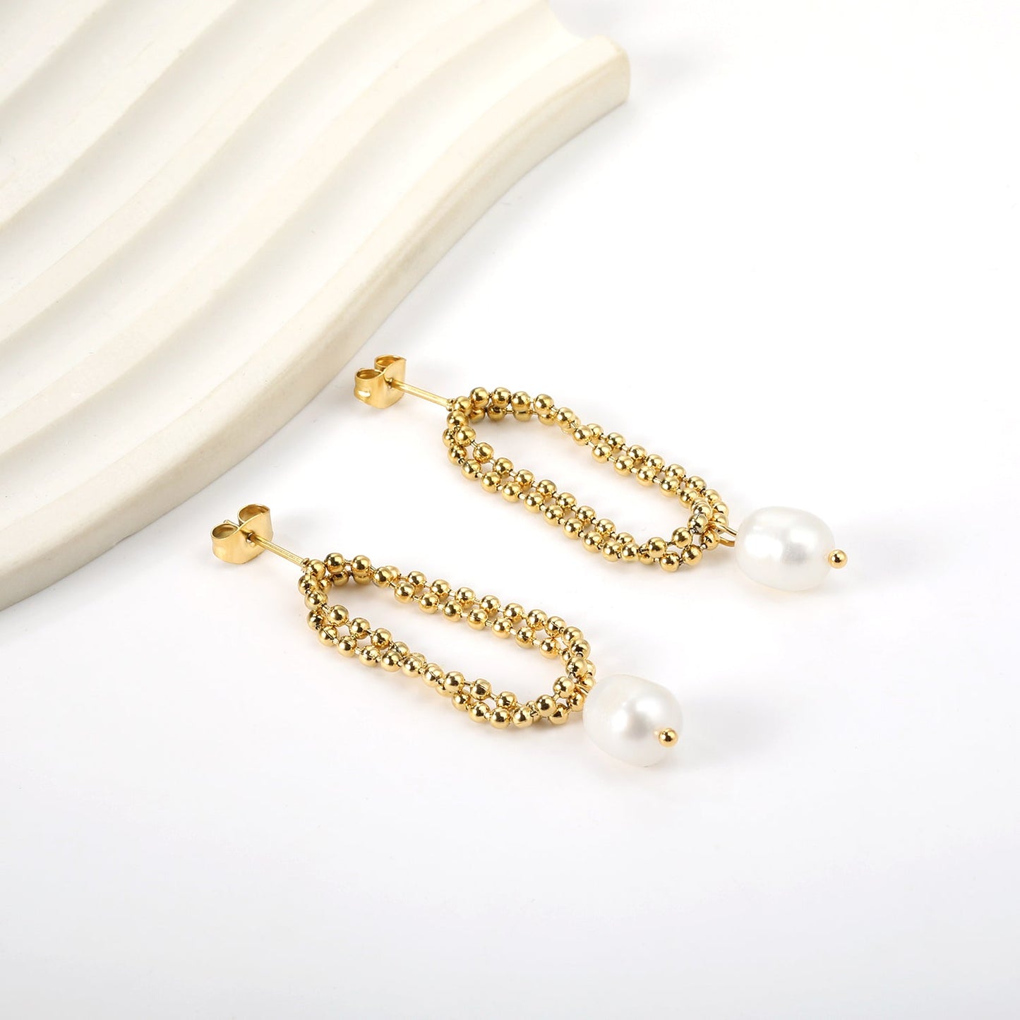 Spring 2024 Double Layers Bead Chain with White Pearls 7.5*9mm Earrings asonjewelry