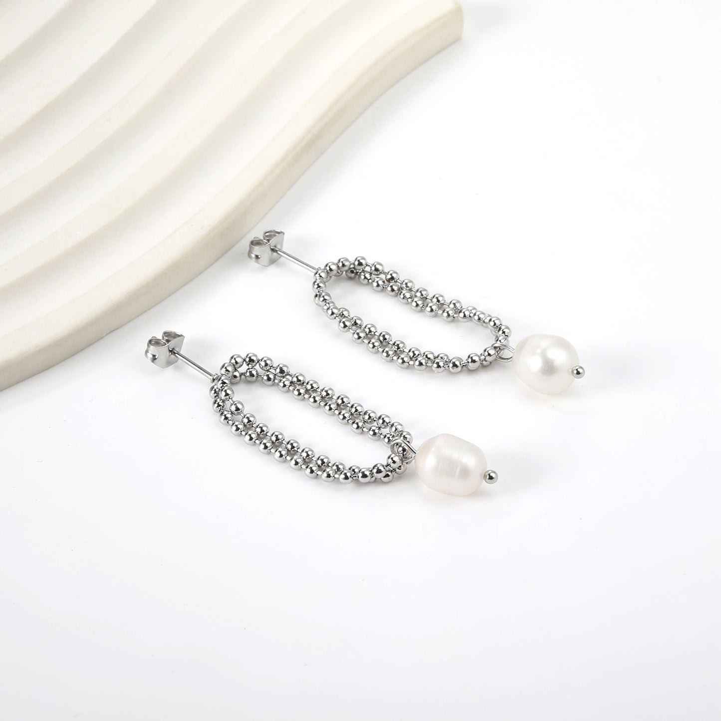Spring 2024 Double Layers Bead Chain with White Pearls 7.5*9mm Earrings asonjewelry