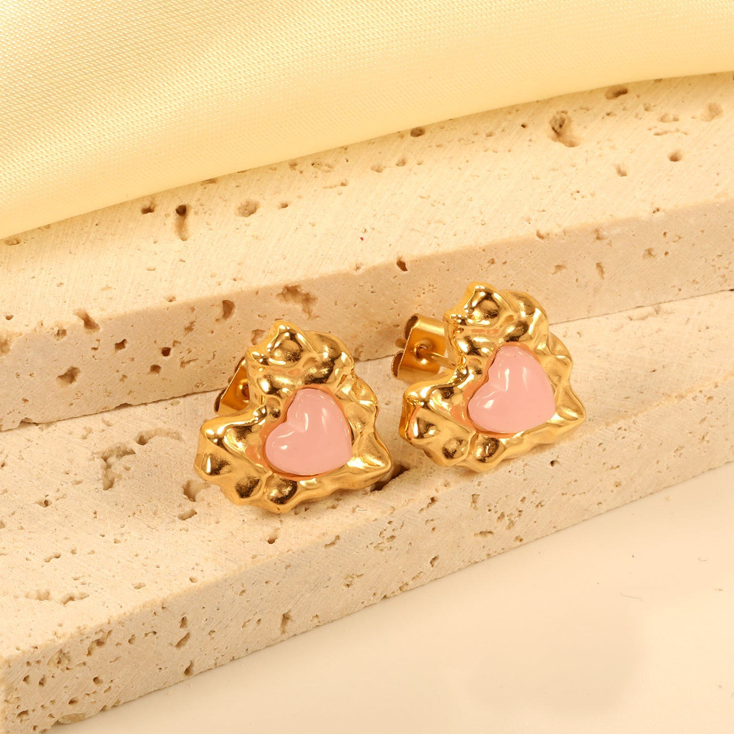 Pink & Green & Navy Blue Diamonds Convex Heart Stud Earrings 15*15.6mm Gold Color asonjewelry