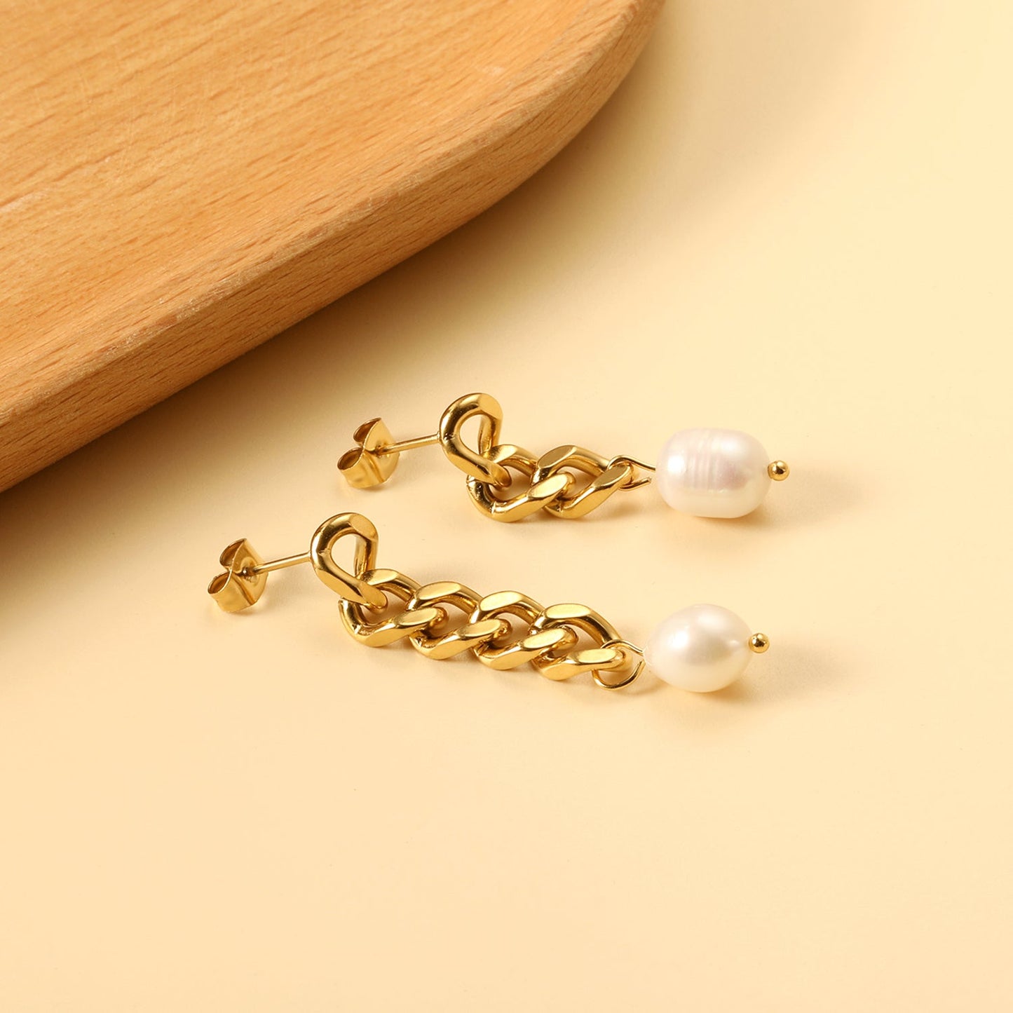 Spring 2024 One Long One Short Matching Chain with White Pearls 7.6*9.6mm Stud Earrings asonjewelry