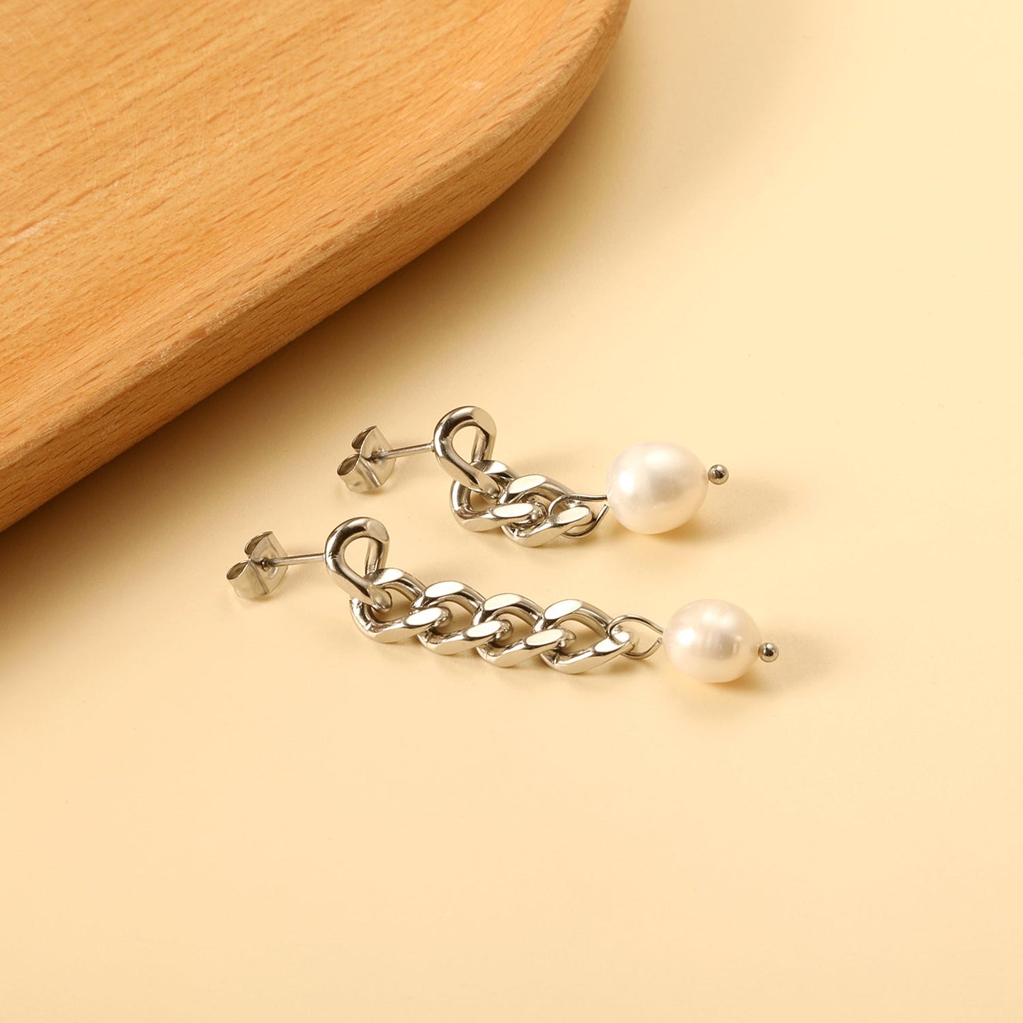 Spring 2024 One Long One Short Matching Chain with White Pearls 7.6*9.6mm Stud Earrings asonjewelry