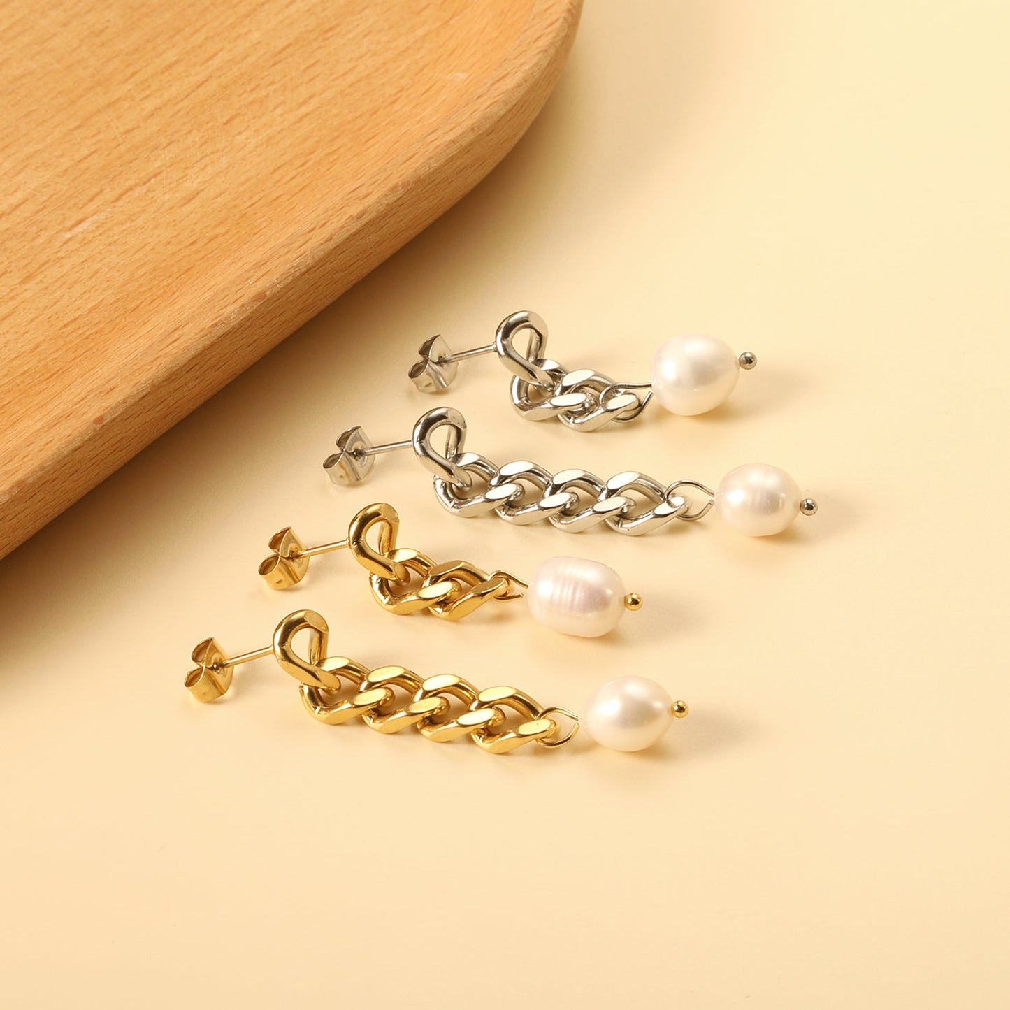 Spring 2024 One Long One Short Matching Chain with White Pearls 7.6*9.6mm Stud Earrings asonjewelry