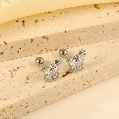 Steel Bead Screwback Butterfly with White Diamonds & Mixed Diamonds Earrings 9.2*8.3mm asonjewelry