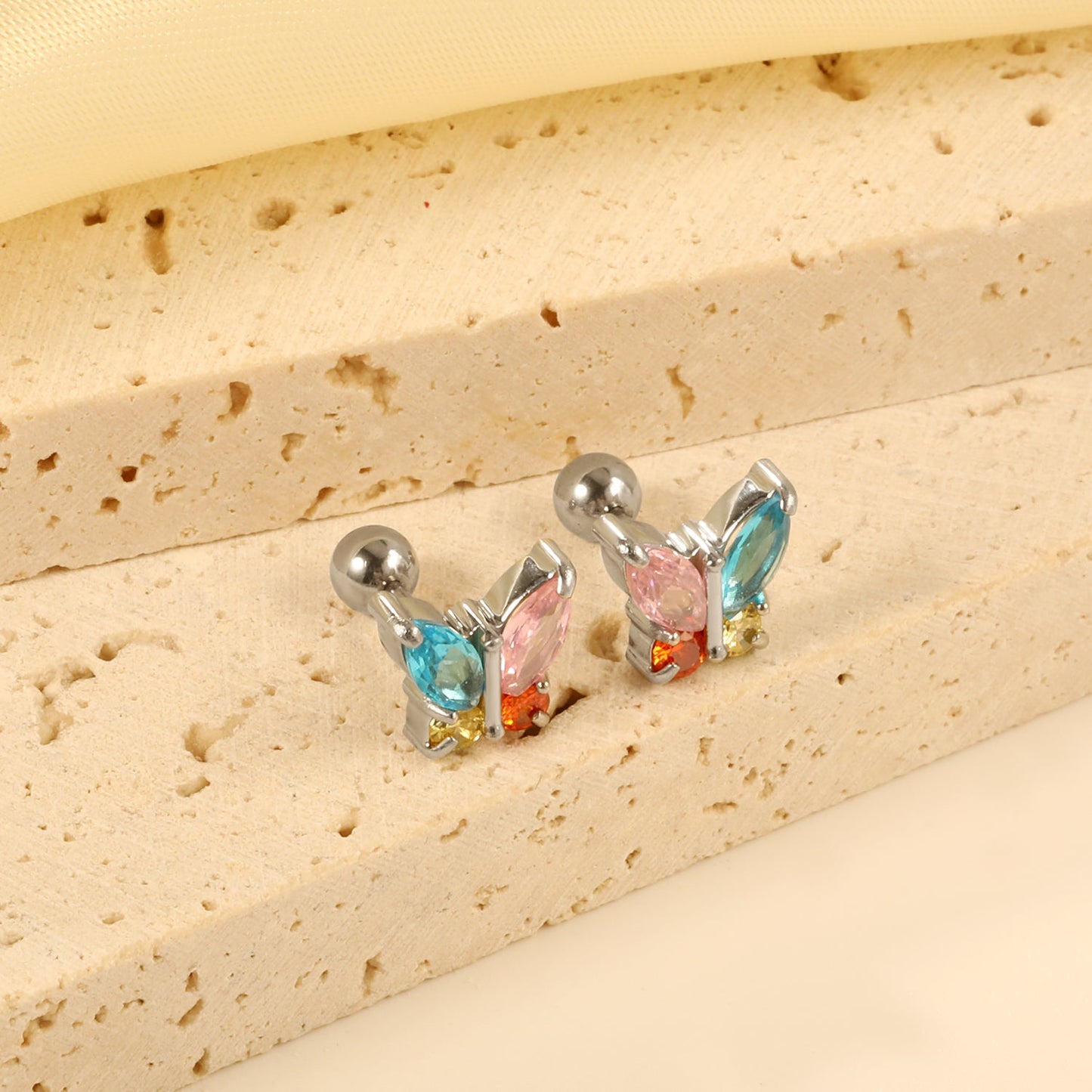 Steel Bead Screwback Butterfly with White Diamonds & Mixed Diamonds Earrings 9.2*8.3mm asonjewelry