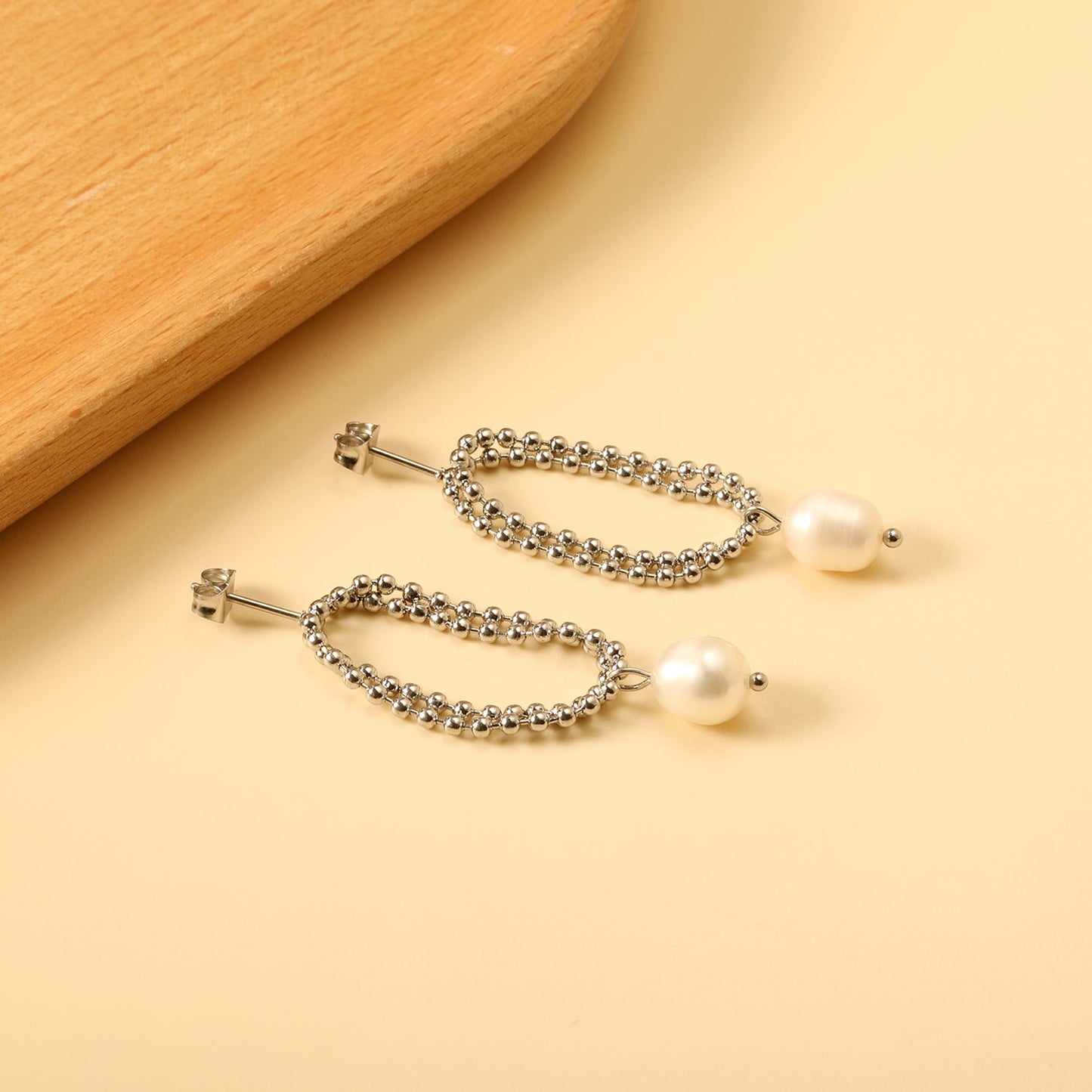 Spring 2024 Double Layers Bead Chain with White Pearls 7.5*9mm Earrings asonjewelry