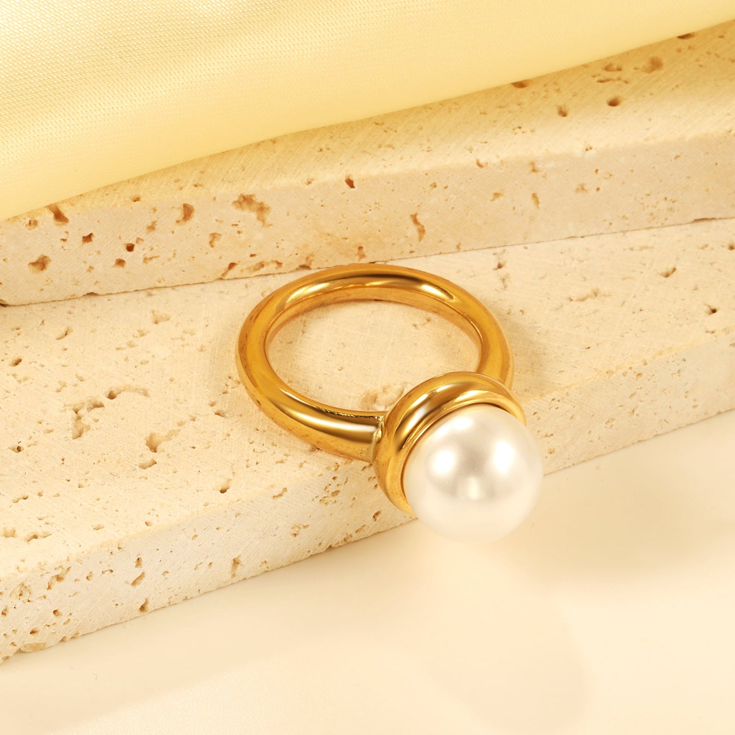 Minimalist band ring with oversized white round pearls. asonjewelry