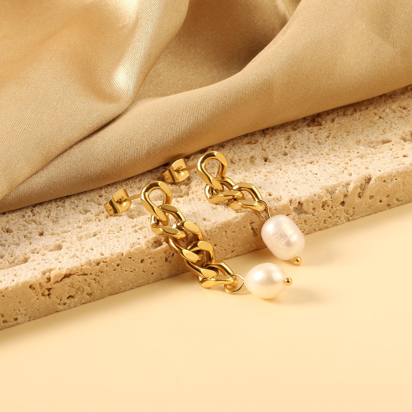Spring 2024 One Long One Short Matching Chain with White Pearls 7.6*9.6mm Stud Earrings asonjewelry