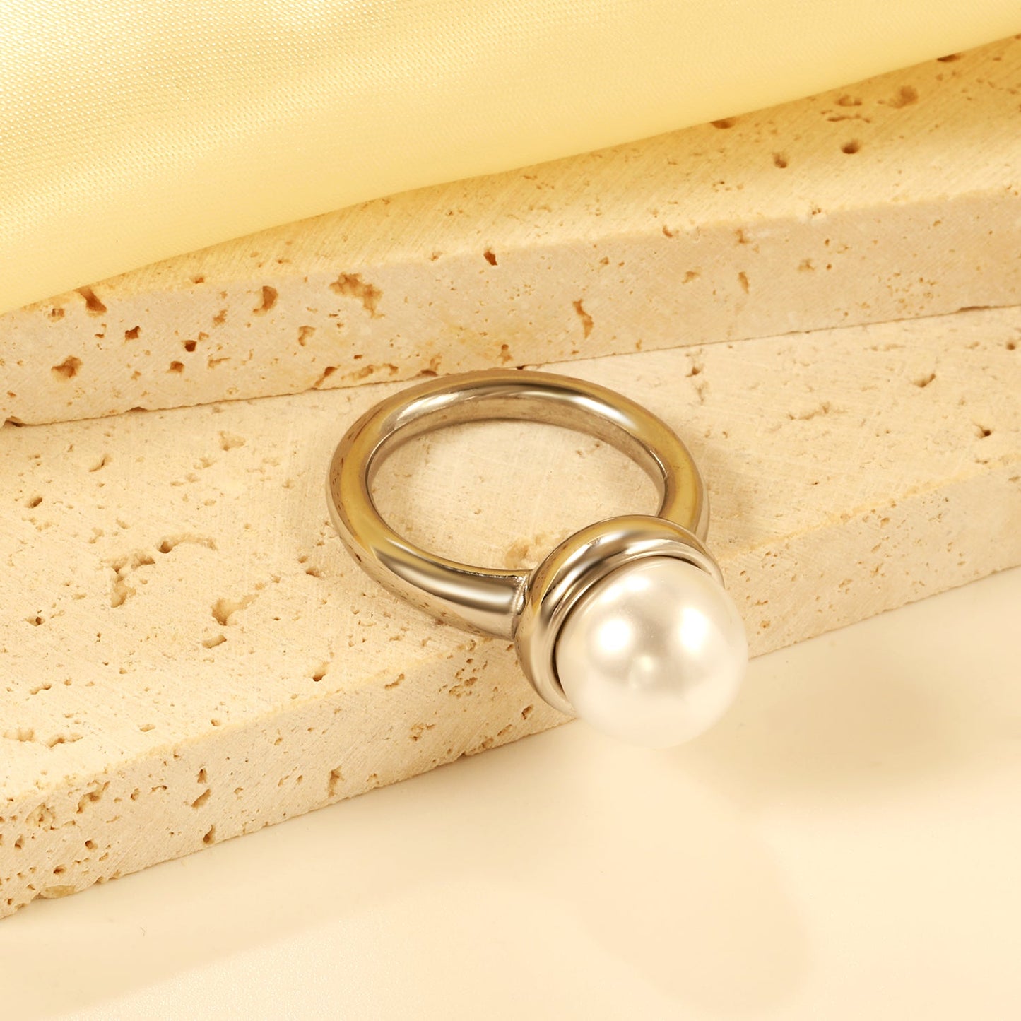 Minimalist band ring with oversized white round pearls. asonjewelry